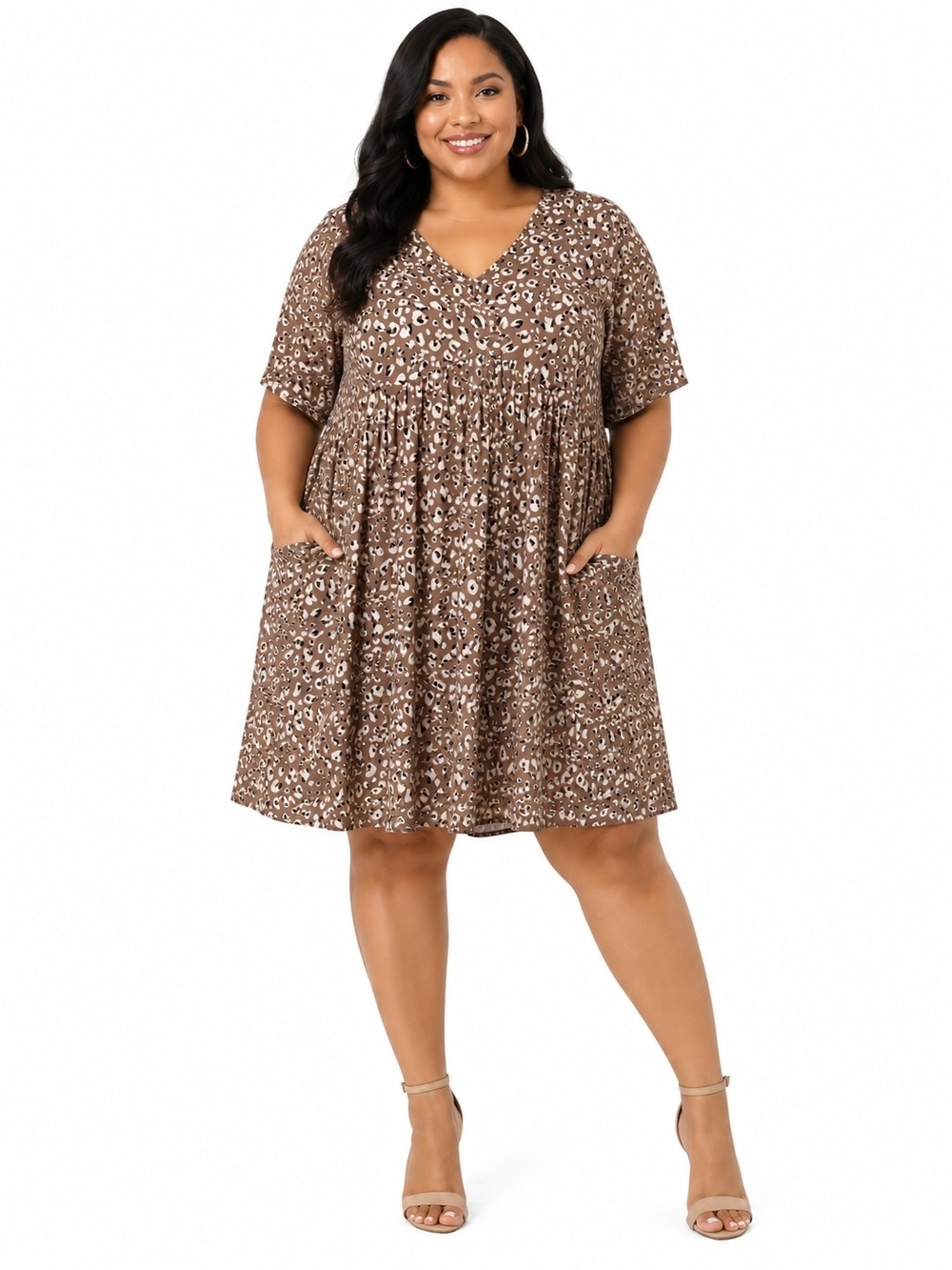 Chic Soul Brown Animal-Print V-Neck Swing Dress W/ Pockets